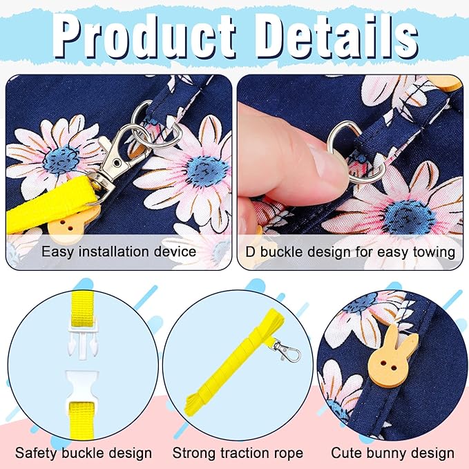 3 Piece Cute Rabbit Leash and Harness Set, Bunny Rabbit Dress Clothes Walking Harness Vest Escape Proof Pet Supply for Rabbit Hedgehog Ferret Guinea Pig (Pink Flower, Blue Flower, Daisy)