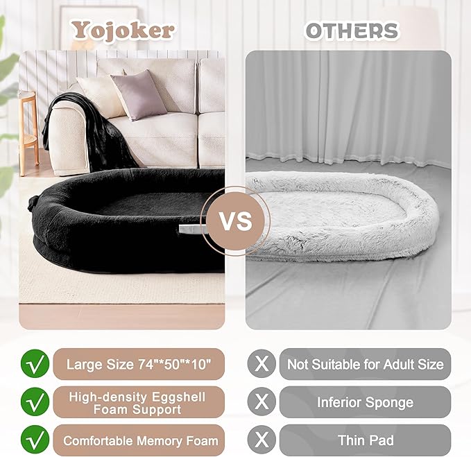 Yojoker Human Dog Bed for People Adults, 3 in 1 Giant Foldable Bean Bag Bed with Blanket, Washable Faux Fur Nap Floor Bed Adult for People, Pets Removable Large Memory Foam Human Sized Dog Bed Black