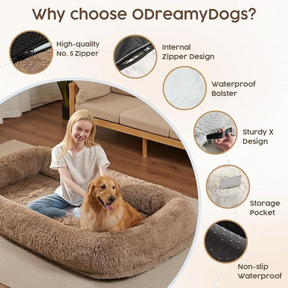 Human Dog Bed Cover (No Filler, Cover only), Human Size Dog Bed Cover Replacement, Suit for 72"x48"x10", 290 GSM Calming Fluffy Plush Cover Washable Removable Anti-Slip, Camel