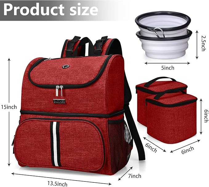 BAGLHER Pet Travel Bag, Double-Layer Pet Supplies Backpack (for All Pet Travel Supplies), Pet Travel Backpack with 2 Silicone Collapsible Bowls and 2 Food Baskets Red