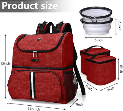 BAGLHER Pet Travel Bag, Double-Layer Pet Supplies Backpack (for All Pet Travel Supplies), Pet Travel Backpack with 2 Silicone Collapsible Bowls and 2 Food Baskets Red