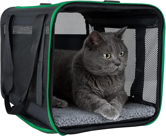 petisfam Easy Load Pet Carrier Bag for Medium or Large Cats with Durable Double-Thickness Fabric and Stable Structure. Black w/Green Trim, L