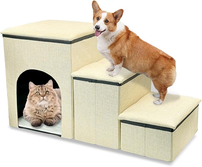 Fhiny Dog Stairs with Storage 3-Steps Foldable 160 lbs