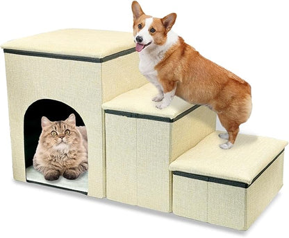 Fhiny Dog Stairs with Storage 3-Steps Foldable 160 lbs