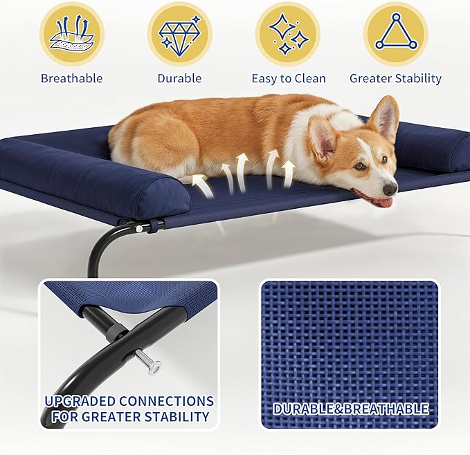 WESTERN HOME WH Elevated Dog Bed Cot, Raised Outdoor Dog Bed with Bolster for Large Dogs, Slightly Chew Proof Portable Cooling Pet Cot with Breathable Mesh, Skid-Resistant Feet, Blue, 36 inches