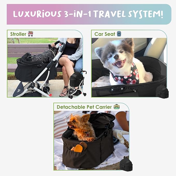 Petique 3-in-1 Newport Pet Stroller (Travel Carrier + Car Seat + Stroller) 360º Front 45LBS –