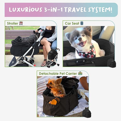 Petique 3-in-1 Newport Pet Stroller (Travel Carrier + Car Seat + Stroller) 360º Front 45LBS –
