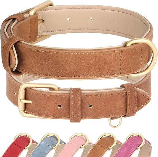 Didog Soft Padded Leather Dog Collar, Adjustable Dog Collars for Medium Dogs, Heavy Duty Medium Dog Collar Leather with Metal Buckle and D Ring,Brown,L