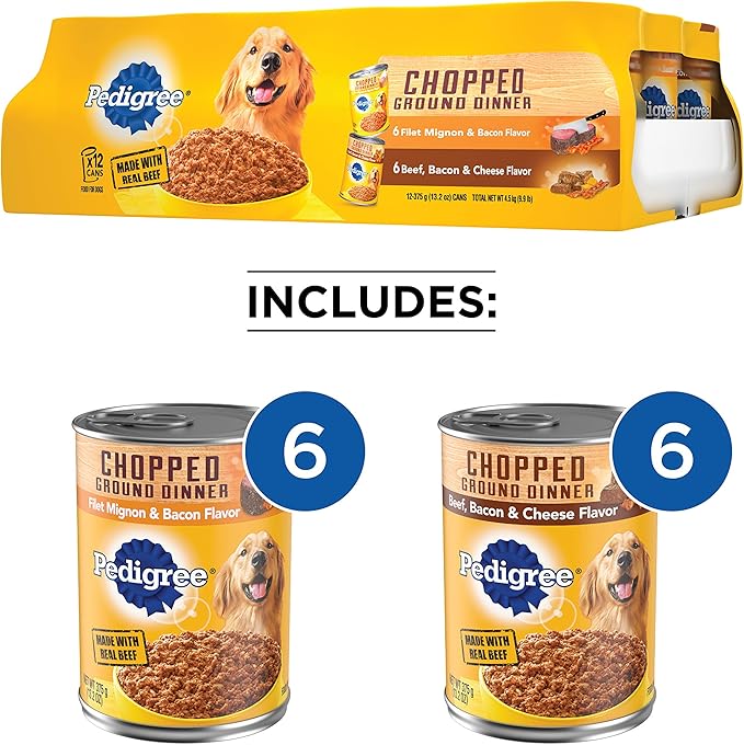 PEDIGREE CHOPPED GROUND DINNER Adult Canned Soft Wet Dog Food, Variety Pack, Filet Mignon & Bacon Flavor and Beef, Bacon & Cheese Flavor, (12) 13.2 oz. Cans