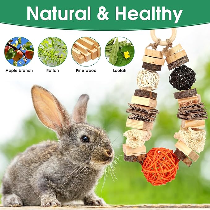 Abizoo Guinea Pig Chew Toys,Bunny Toys Hanging,Natural Wood for Rabbits Teeth Grinding Chinchilla,Bird,Dwarf Hamster,Rabbit Chew Toys Treats Small Animals Enrichment Boredom for Cage