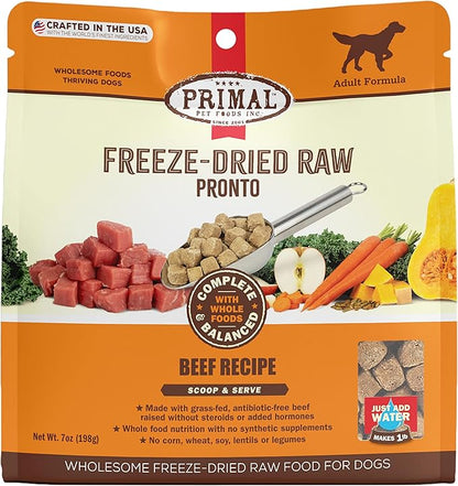 Primal Freeze Dried Dog Food Pronto, Beef; Scoop & Serve, Complete & Balanced Meal; Also Use as Topper or Treat; Premium, Healthy, Grain Free High Protein Raw Dog Food (7 oz)