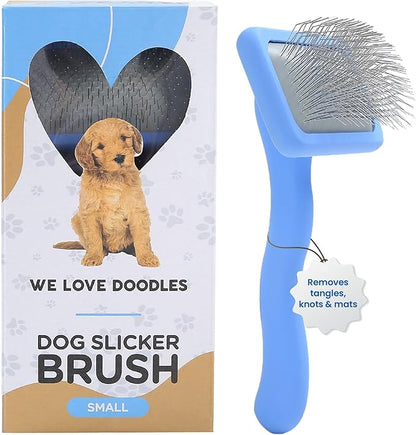 We Love Doodles Dog Slicker Brush for Grooming Pet Hair - Best Brushes For Poodle & Golden Doodle - Long Haired Brush For Dogs - Goldendoodle Long Pin Brush For Dematting (Small)