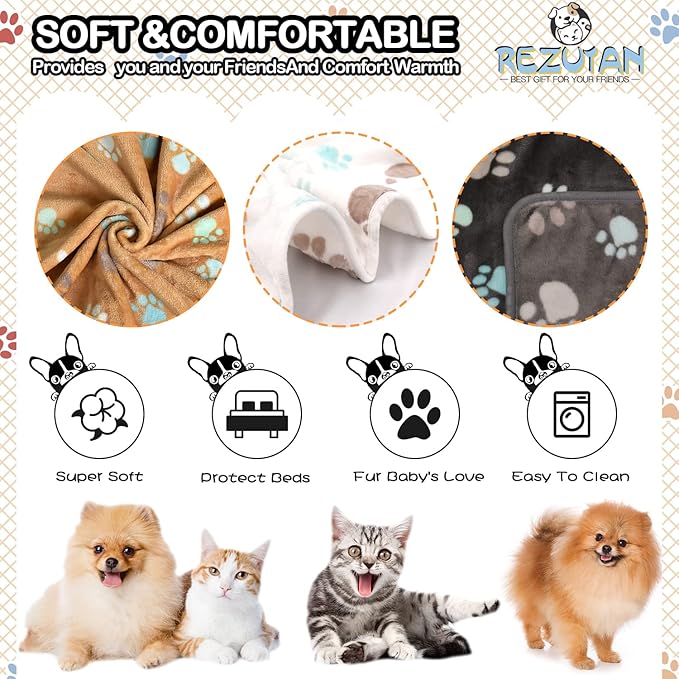 Rezutan Upgraded Dog Blankets for Large Dogs, 3 Pack Dog Cat Flannel Blankets Washable, Soft Pet Mat Throw Cover for Kennel Crate Bed, Cute Paw Pattern, Dog Blanket, Pet Blanket 31" x 41"