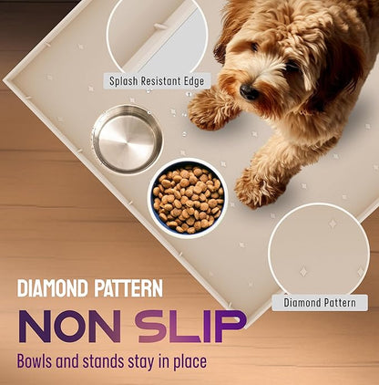 32x24x1” XL Dog Food Mat - All Purpose Silicone Pet Food Mat, Cat Litter Mat, Under Sink Mat - Raised Edges Dog Mat for Food and Water Prevent Spill, Waterproof Cat Food Mat Protect Floors