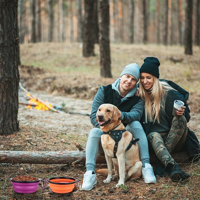 Dog Bowl Pet Collapsible Bowls, 2 Pack Collapsible Dog Water Bowls for Cats Dogs, Portable Pet Feeding Watering Dish for Walking Parking Traveling with 2 Carabiners (Small, Orange+Purple)