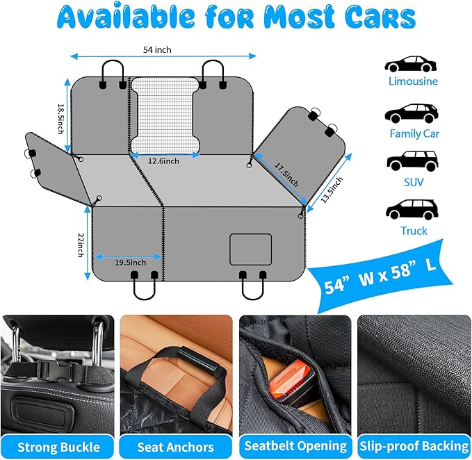 URPOWER 6-in-1 Dog Car Seat Cover for Back Seat 40/60 Split