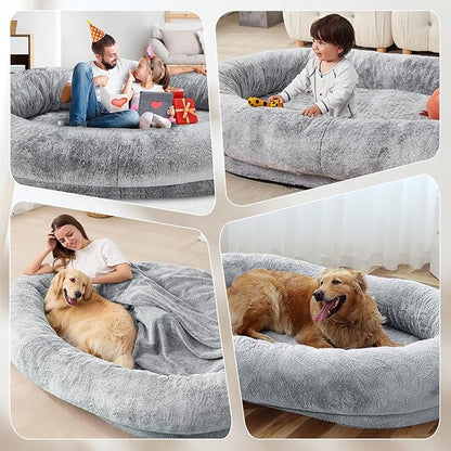 ZIKEE Human Dog Bed for Adults, 72"x48"x12" Giant Dog Beds for Humans, Warm & Comfortable Human Sized Dog Bed, Faux Fur Plush Dog Bed with Pillow, Blanket - Grey