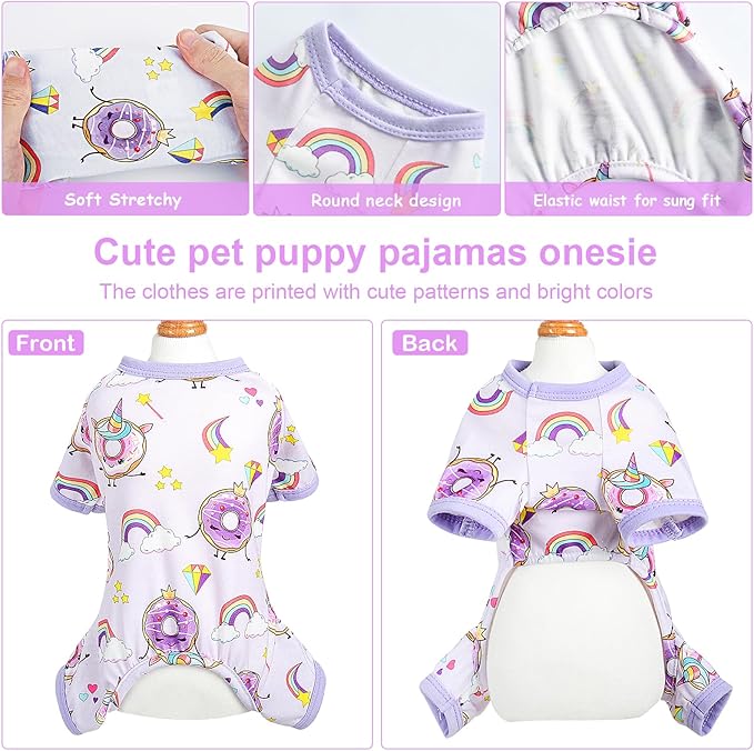 Pet Clothes Super Soft Dog Pajamas for Small Dogs Boy Girl Summer Dog Shirts Pjs Puppy Clothes 4 Leg Onesies Jumpsuit Clothing for Male Female Dogs Cat Pet Jammies Outfit (Large, Donut Purple)