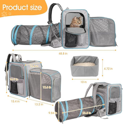 Cat Backpack Carrier with Litter Box, Expandable Portable Cat Carrier Backpack with Cat Tunnel, Cat Travel Carrier with Litter Box, up to 20 lb to Road Trip, Camping, Hiking, Grey