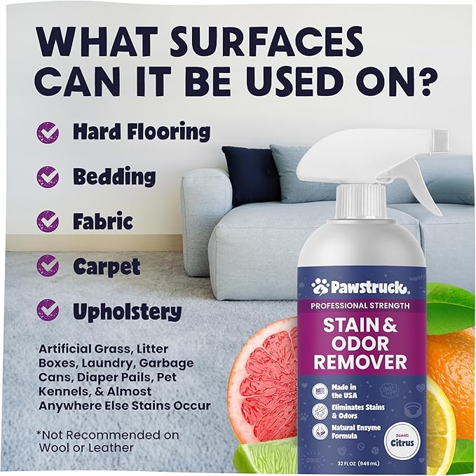 Pawstruck Professional Strength Pet Stain & Odor Remover - Natural Enzyme Cleaning Agent for Dogs & Cats - Safe Effective Smell Eliminator - 32 oz - Packaging May Vary