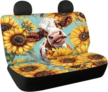 WELLFLYHOM Sunflower Cow Car Accessories Bench Seat Cover 2