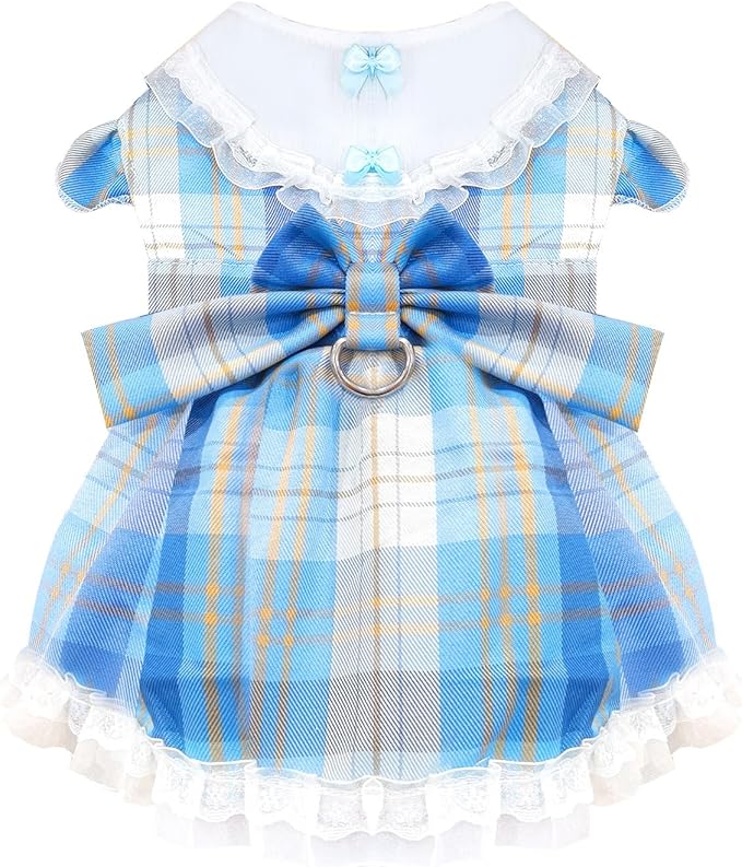Plaid Dog Dress for Small Dogs Cats Bowknot Girl Dog Clothes with D-Ring Cute Princess Pet Puppy Dresses Spring Summer Pet Outfits for Chihuahua Yorkies Shih Tzu（Blue