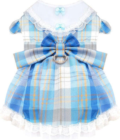 Plaid Dog Dress for Small Dogs Cats Bowknot Girl Dog Clothes with D-Ring Cute Princess Pet Puppy Dresses Spring Summer Pet Outfits for Chihuahua Yorkies Shih Tzu（Blue