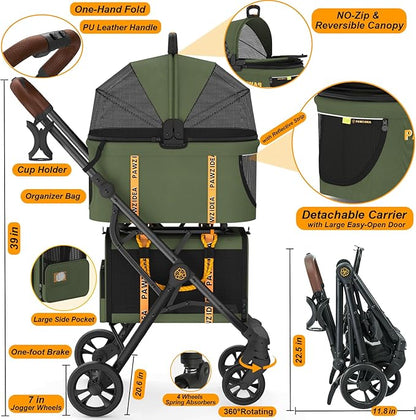 PAWZIDEA Double Pet Stroller for 2 Cats Dogs Small & Medium, TSA Airline Approved Cat Carrier Expandable, Cat Stroller with Removable Carrier Bag, 2 Dog Stroller Detachable Carrier, Travel Car Seat