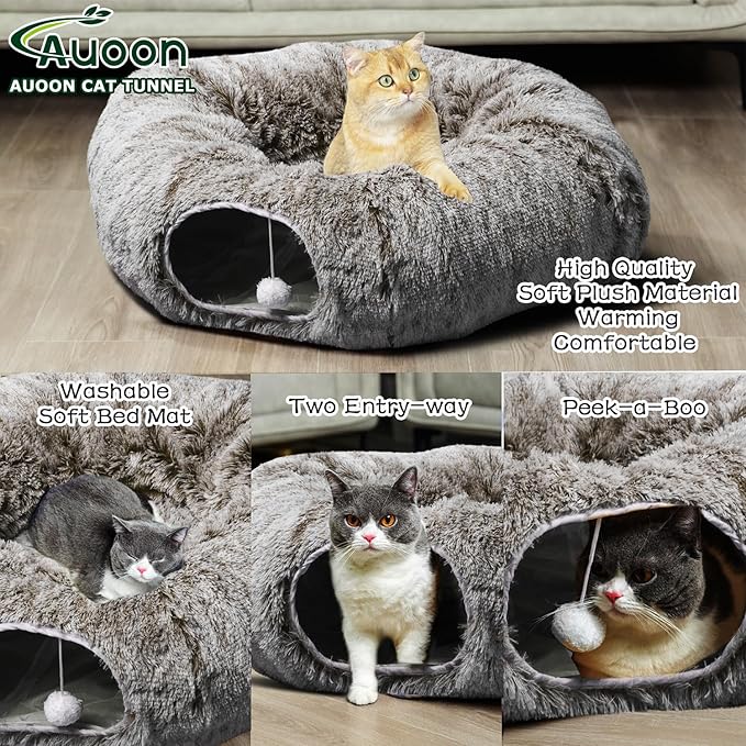 AUOON Cat Tunnel with Central Mat,Big Tube Playground Toys,Soft Plush Material,Full Moon Shape for Kitten,Cat,Puppy,Rabbit,Ferret (Brown)