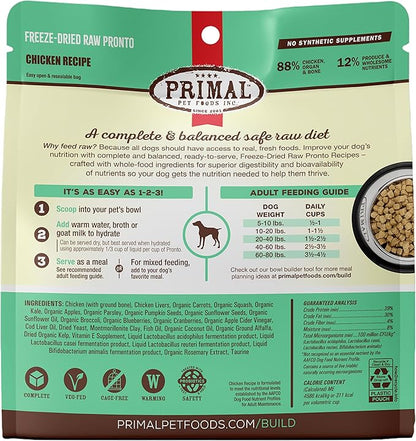 Primal Freeze Dried Dog Food Pronto, Chicken; Scoop & Serve, Complete & Balanced Meal; Also Use As Topper or Treat; Premium, Healthy, Grain Free, High Protein Raw Dog Food (7 oz)