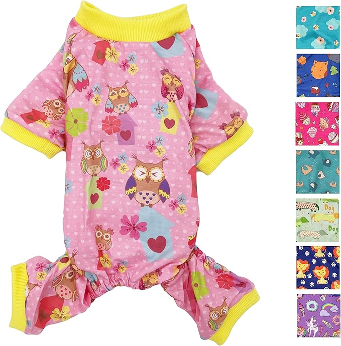 Dog Pajamas Soft COTTON Blend Jumpsuit Cute Pet Clothes for Small Medium Pet (Pink Owls, S: Length 12", Chest 14" - 17")