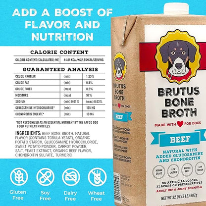 Brutus Beef Bone Broth for Dogs and Cats - All Natural Dog Bone Broth with Chondroitin Glucosamine & Turmeric -Human Grade Dog Food Toppers for Picky Eaters & Dry Food -Tasty & Nutritious