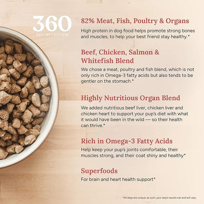 360 Pet Nutrition Raw Freeze-Dried Dog Food, High Protein, Complete Balanced Meal with Beef, Chicken,Organs, Whitefish, Omega-3, Fruit&Veg, Superfoods, No Fillers, 16oz Food/Bites/Kibble (Multi Meat)