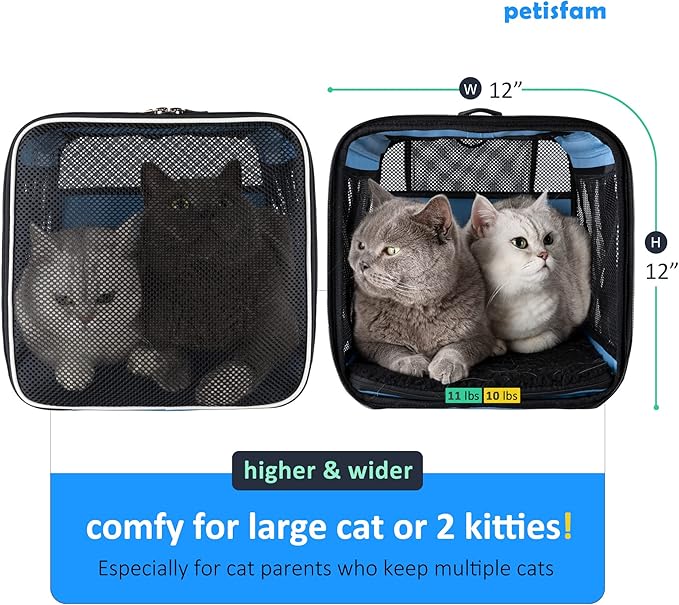 petisfam Soft Pet Carrier for Large and Medium Cats, 2 Kitties, Small Dogs. Easy to Get Cat in, Great for Cats That Don't Like Carriers (Blue)