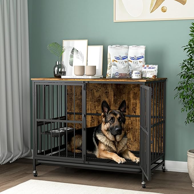 NicBex Dog Crate Furniture Dog Cage with 360 Degree Rotation Height Adjustable Feeding Bowls