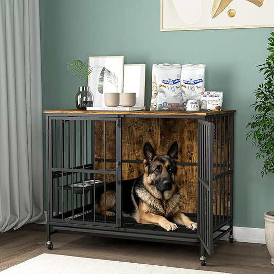 NicBex Dog Crate Furniture Dog Cage with 360 Degree Rotation Height Adjustable Feeding Bowls