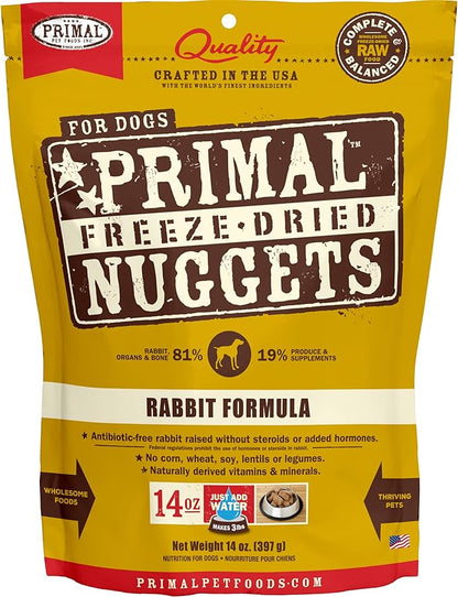 Primal Freeze Dried Raw Dog Food Nuggets, Rabbit, Complete & Balanced Meal, Also Use as Topper or Treat, Premium, Healthy, Grain Free, High Protein Raw Dog Food, 14 oz