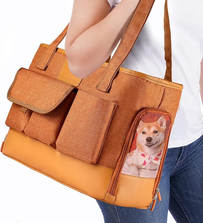 Cat Carrier, Dog Carrier, Pet Carrier, Foldable Waterproof Premium PU Leather Oxford Cloth Dog Purse, Portable Bag Carrier for Small to Medium Cat and Small Dog-Brown