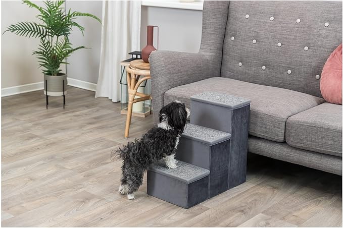 TRIXIE Velour 3-Step Pet Stairs with Storage, Collapsible, Storage Compartments for Pet Toys,Gray