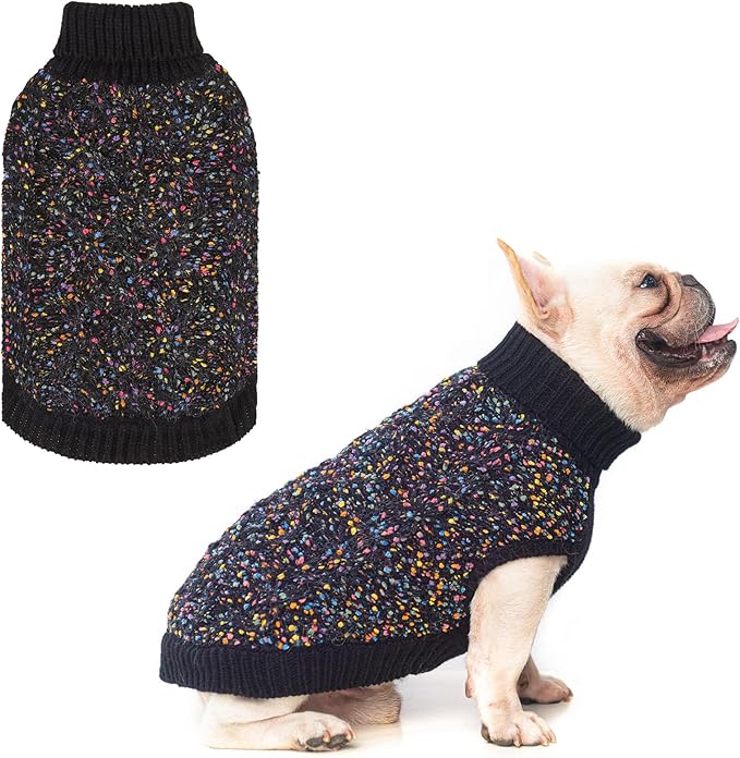 BEAUTYZOO Cable Knit Small Dog Sweater, Color Block with Fuzzy Thread Knitted Turtleneck Dog Knitwear with Dots in a Variety of Colors for Small Medium Dogs Fall Winter Dog Clothes, XS Black