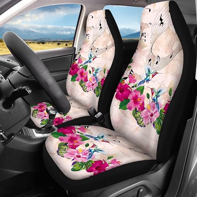 Hummingbird Flower Cute Car Seat Covers Full Set 4pcs Front
