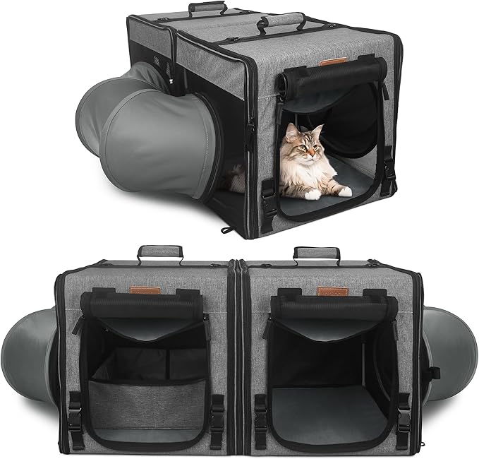 PETUX Cat Travel Carrier with Litle Box, Portable 2-in-1 Cat Carrier for 2 Cats, Various DlY Methods Cat Carrier Soft with Tunnel Tube-with Flannel Cushion, Hammock, Protable Tote (Grey)