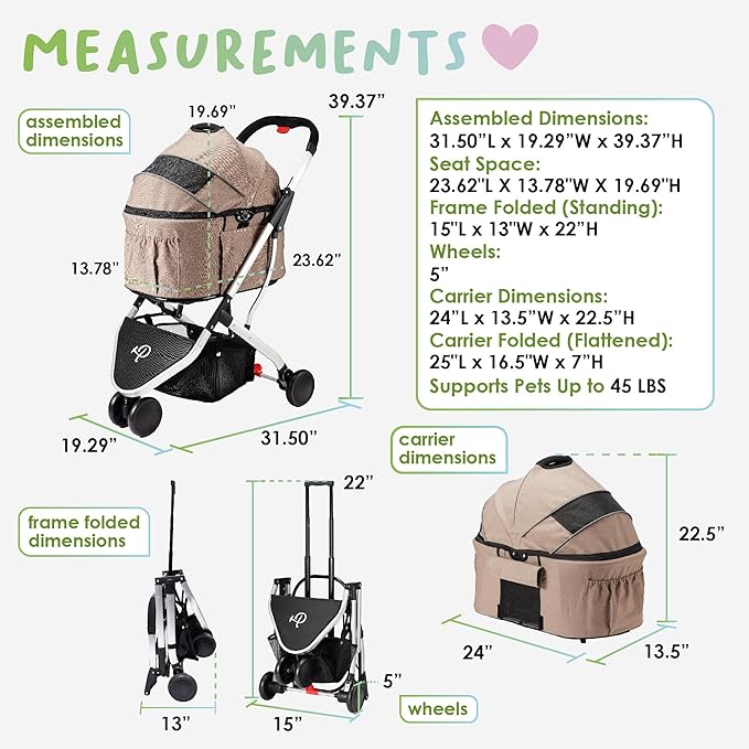 Petique 3-in-1 Newport Pet Stroller (Travel Carrier + Car Seat + Stroller) 360º Front 45LBS –