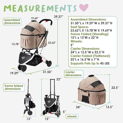 Petique 3-in-1 Newport Pet Stroller (Travel Carrier + Car Seat + Stroller) 360º Front 45LBS –