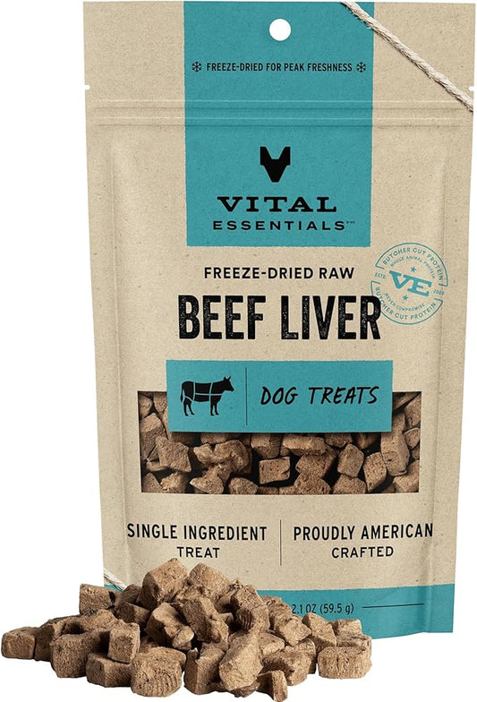 Vital Essentials Freeze Dried Raw Single Ingredient Dog Treats, Beef Liver, 2.1 oz | Premium Quality High Protein Training Treats | Grain Free, Gluten Free, Filler Free