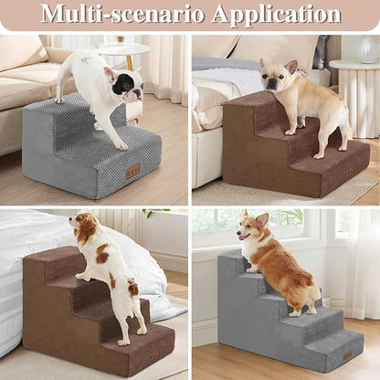 4-Step Brown Dog Stairs for Medium Dogs - Steps for Dogs to get on Bed, Non-Slip Removable Washable Cover, Friendly to Older and Injured Dogs, 18" High