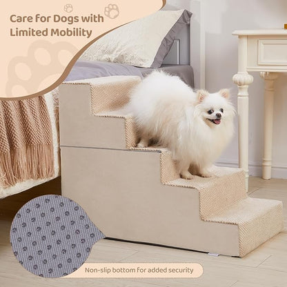 5-Step Dog Stairs, 22.5'' H Dog Stairs for High Beds, Non-Slip Bottom Pet Stairs for Small Dogs and Cats, Indoor Pet Steps Dog Ramp for Bed, Beige