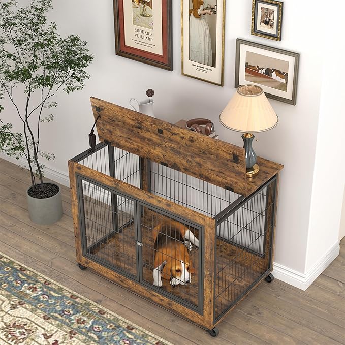 Okak Dog Crate Furniture Wooden Dog Crate With Double Sliding Iron Doors and Lift Top on Casters Heavy-Duty Dog Kennel Indoor for Medium/Large Dog Brown,38.58" L