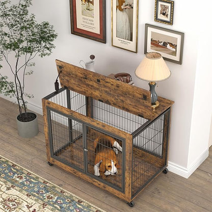 Okak Dog Crate Furniture Wooden Dog Crate With Double Sliding Iron Doors and Lift Top on Casters Heavy-Duty Dog Kennel Indoor for Medium/Large Dog Brown,38.58" L