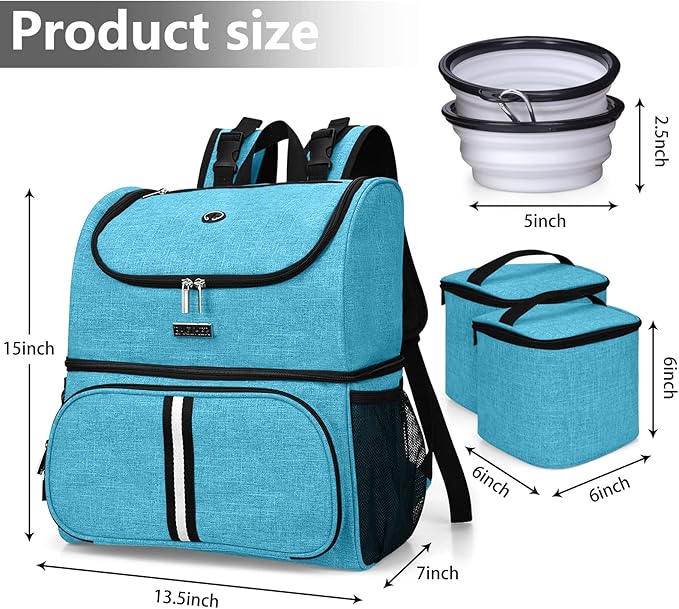 BAGLHER Pet Travel Bag, Double-Layer Pet Supplies Backpack (for All Pet Travel Supplies), Pet Travel Backpack with 2 Silicone Collapsible Bowls and 2 Food Baskets Sky Blue